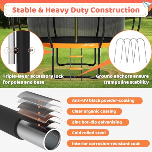 Zevemomo 14FT Outdoor Trampoline with Sprinkler, Basketball Hoop & Wind Stakes Orange