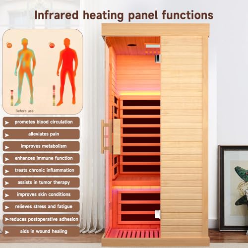 HAOYAYA Indoor Far Infrared Sauna Canadian Hemlock Single Person Spa with Oxygen Bar, 7 Color Therapy, 1420W Low-EMF