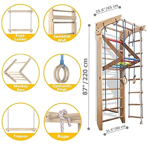 Generic Wooden Sport Ladder Set - Swedish Ladder w/Pull Up Bar, Rope Attachments, Monkey Triangle - Wall Stall Bars (Adjustable Pull Up Bar)