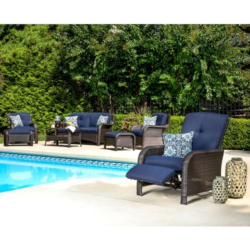 Hanover Strathmere Outdoor Recliner Chair with Navy Blue Cushions