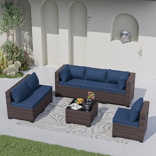 Kurapika 7-Piece Rattan Wicker Patio Furniture Set with Cushions and Glass Coffee Table Navy Blue