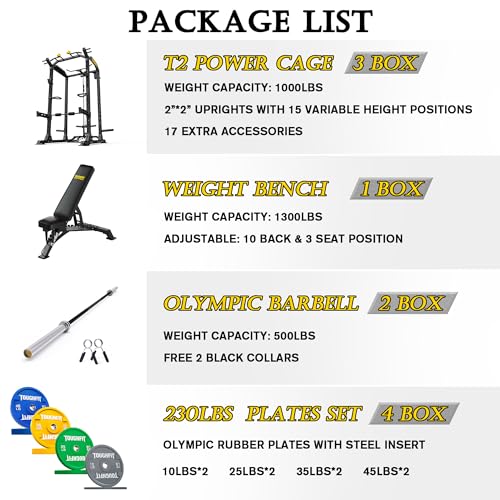ToughFit 2024 T2 Power Cage Multi-Function Power Rack with LAT Pulldown Black