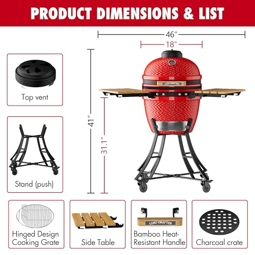 LuauCrafter 18-Inch Ceramic Charcoal Grill and Smoker with Cart Red