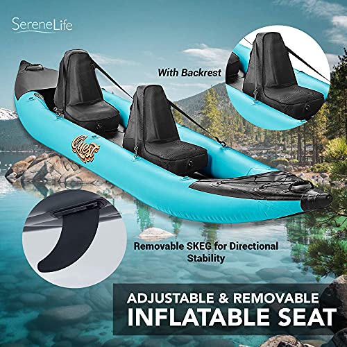 SereneLife 2 Person Inflatable Kayak - Double Kayak with Aluminum Paddles, Repair Kit - Lightweight, Portable Adult Kayaks with High-Output Pump - Durable Vinyl Kayak - Aqua