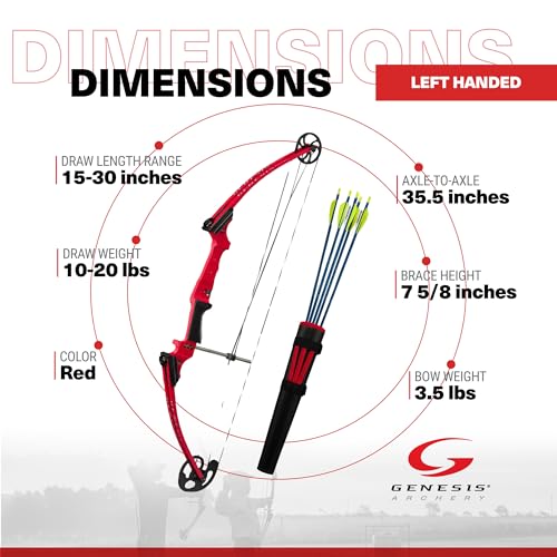 GENESIS Archery Compound Bow Kit Adjustable Draw Length 15"-30" Left-Handed Red