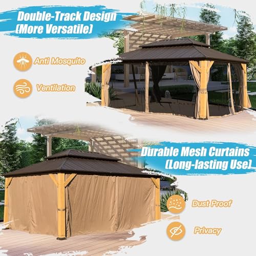 LOPOO Cedar Wood Gazebo with Hardtop, Netting & Curtains Brown