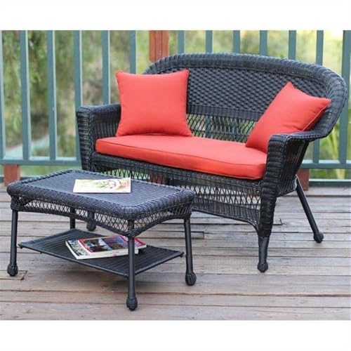 Jeco Wicker Patio Love Seat and Coffee Table Set Red