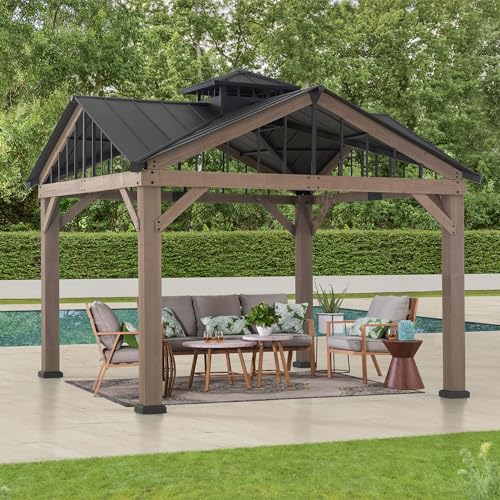 Sunjoy 12x12 ft. Hardtop Gazebo Wooden Frame Outdoor with Ceiling Hook Brown