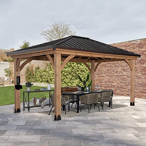 Backyard Discovery Barrington 14ft x 12ft Hip Roof Cedar Wood Gazebo Pavilion Light Brown