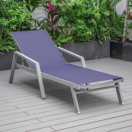 LeisureMod Marlin Grey Aluminum Outdoor Chaise Lounge Set with Fire Pit Table Navy Blue