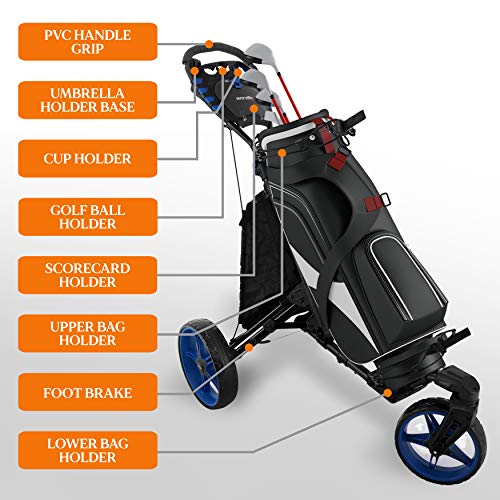 SereneLife 3 Wheel Golf Push Cart - Lightweight Folding Walking Push Cart Roller Golf Bag Holder with Brake, Bracket, and Storage - Assorted