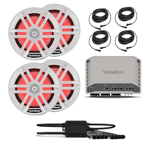 Rockford Fosgate M2-300X4 4 Channel Marine Amplifier with M1-65 6.5" Speakers, PMX-RGB Optix Light Controller & RGB-25 Extension Cables
