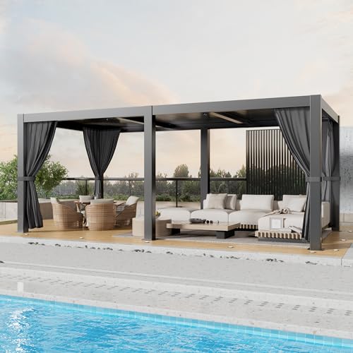 GS CHIER Outdoor Louvered Pergola 10' x 20' Black with Curtain