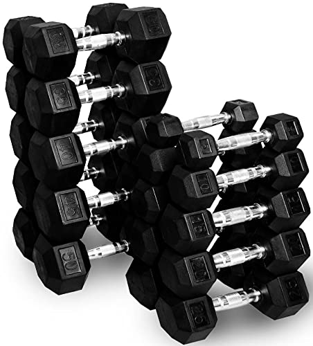 French Fitness Rubber Hex Dumbbell Set with Bench + 3 Tier Dumbbell Rack (New)