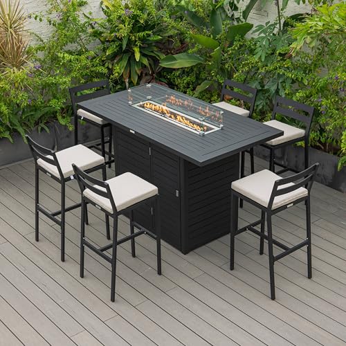 LeisureMod Chelsea Collection Aluminum Outdoor Dining Set with Fire Pit Table and 6 Bar Chairs Beige