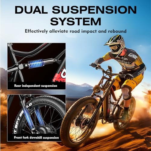 Brigittebike Electric Bike for Adults 1500W 52V 21Ah 37MPH 50Miles Range 26” Fat Tire Beach Snow Mountain Bike Dual Hydraulic Disc Brakes Full Suspension ES7PRO-1500W-37MPH Black