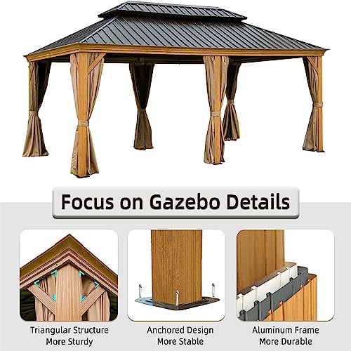 ANTSKU 12'x20' Hardtop Gazebo Outdoor Wooden Coated Aluminum Frame Yellow Brown