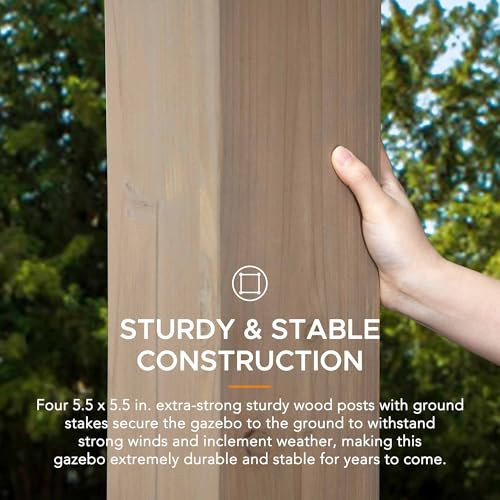 Sunjoy 12x12 ft. Hardtop Gazebo Wooden Frame Outdoor with Ceiling Hook Brown