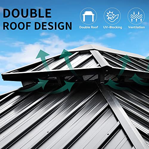DWVO 10x12ft Hardtop Gazebo Double Roof with Nettings and Curtains Grey