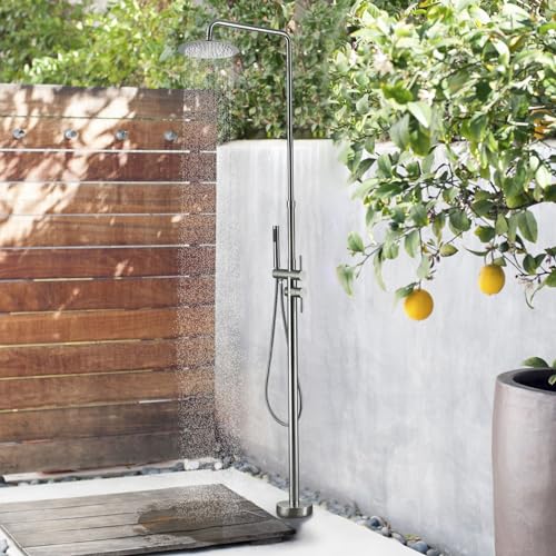 RBROHANT Freestanding Outdoor Shower Nickel, Height Adjustable Outside Showers for Backyard Garden Pool Beach, Outdoor Shower Fixtures with 10” Rain Shower Head and Handheld, Brushed Nickel