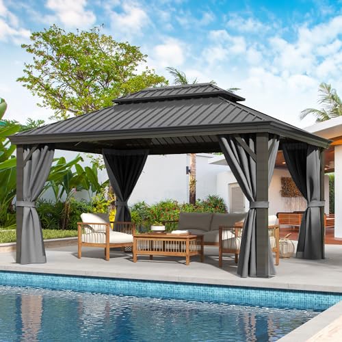 DWVO 12x16ft Hardtop Gazebo Double Roof with Netting and Curtains Gray
