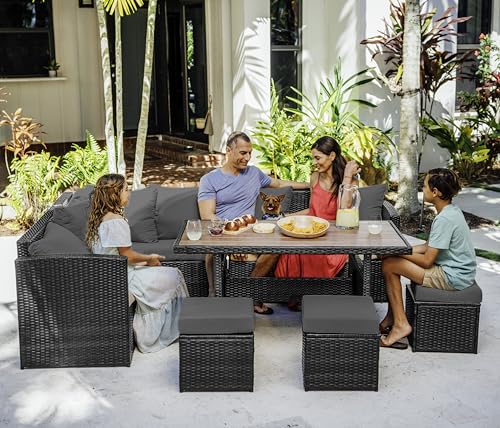 Nestl 7-Piece Wicker Outdoor Furniture Set Brown Frame/Grey Cushions