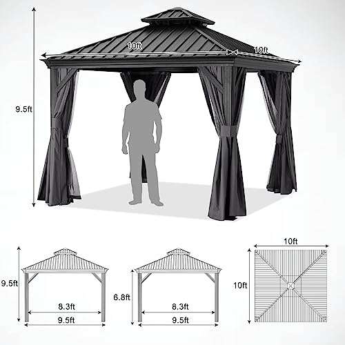 ABCCANOPY Hardtop Gazebo 10x10 Outdoor Metal Pavilion with Netting and Curtain Gray