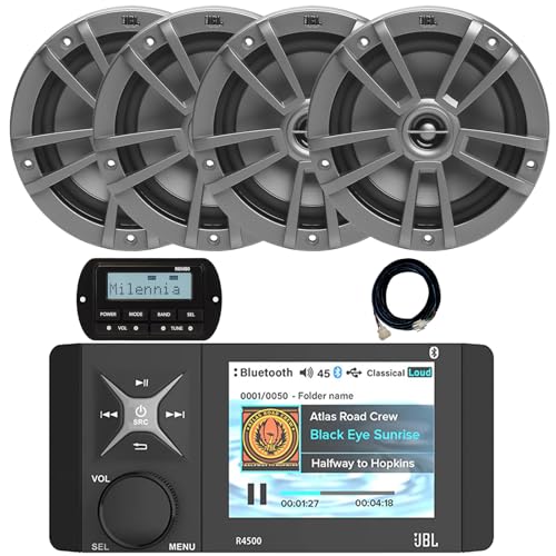 Enrock Marine 4" Color LCD Bluetooth AM/FM/WB Stereo Receiver with Remote & 4x 6.5" Gray Speakers