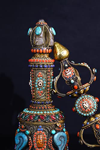 Generic Tibetan Silver Gilt Mosaic Gem Dzi Beads Vajra Rattle Bell Set 17