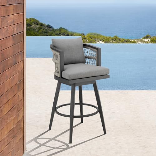 Armen Living Zella Outdoor Patio Swivel Bar Stool Aluminum Light Gray Rope Earl Gray Cushions