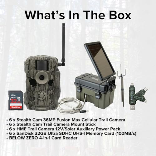 Stealth Cam 36MP Fusion Max Cellular Trail Camera Bundle with Solar Power Pack, Mount Stick, 32GB Memory Card & USB Reader