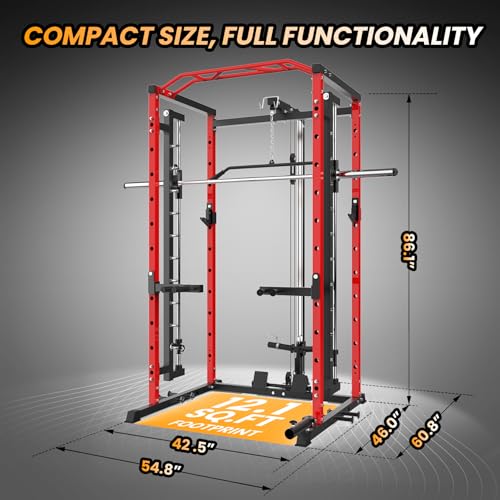 GarveeLife Power Cage SmithBar Rack 1600 LBS with LAT Pulldown & Cable System Red