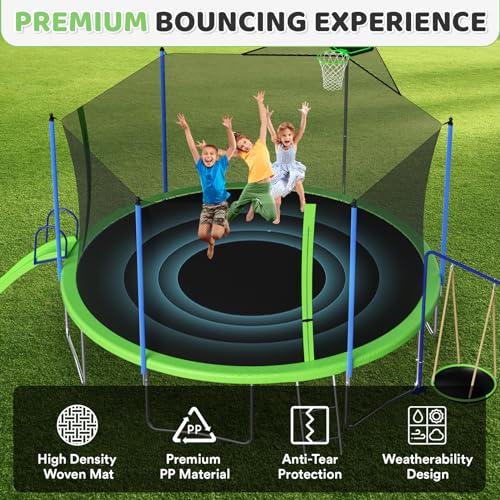 Skepphlay 12FT Outdoor Trampoline Set with Basketball Hoop Green