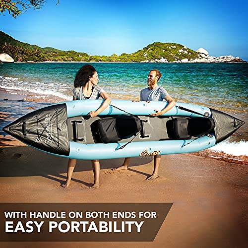 SereneLife 2 Person Inflatable Kayak - Double Kayak with Aluminum Paddles, Repair Kit - Lightweight, Portable Adult Kayaks with High-Output Pump - Durable Vinyl Kayak - Aqua