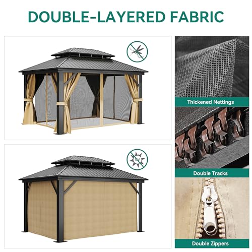 DWVO 12x14ft Hardtop Gazebo Double Roof with Nettings and Curtains Brown