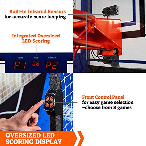 Hall of Games Indoor Arcade Basketball Games Multiple Styles 2-Player Arcade Scoring Display with Rubber Basketball Set 88" Tall Steel Cage Extra Wide Game (W/Poly Backboard)