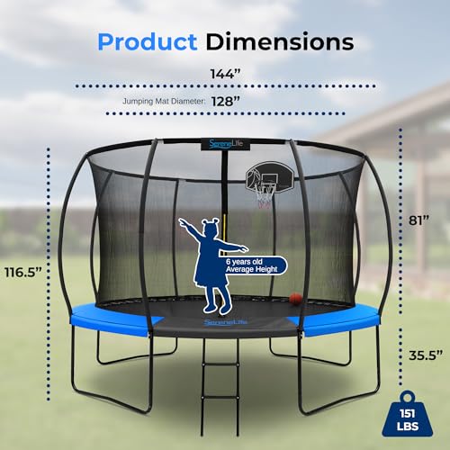SereneLife 12ft Kids Trampoline with Net & Basketball Hoop Blue