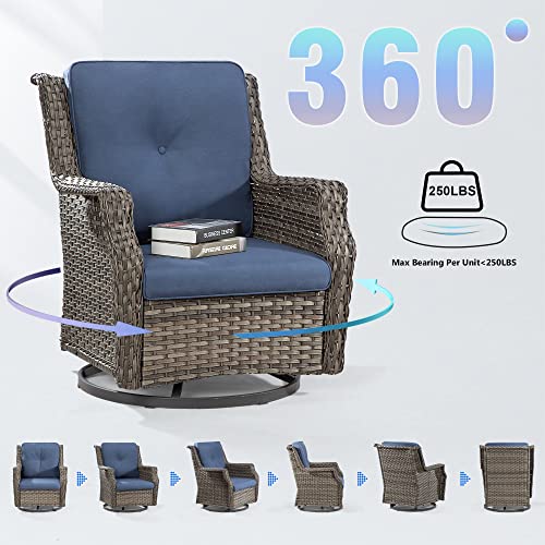 MeetLeisure 3-Piece Patio Bistro Set with Swivel Rocker Chairs and Glass Side Table Mixed Grey/Blue