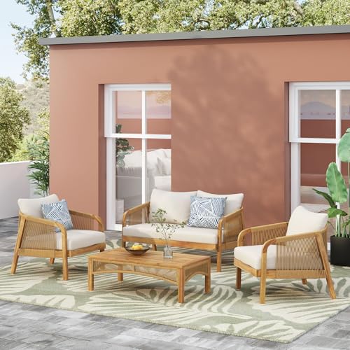 Merax 4-Piece Outdoor Acacia Wood Wicker Patio Conversation Set Beige
