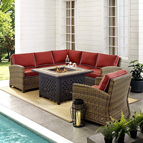 Crosley Furniture Bradenton 5-Piece Wicker Outdoor Sectional Sofa Set with Fire Pit Table Brown with Sangria Cushions