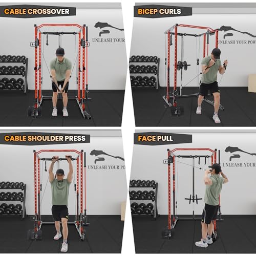 GOCAPTAIN Power Cage Multi-Functional Rack with Cable Cross-Over and Lat Pull Down Black/Red