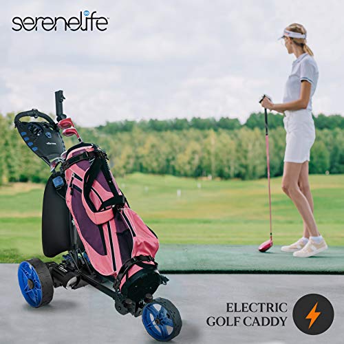 SereneLife 3-Wheel Electric Golf Push Cart - Rechargeable Lightweight Folding Walking Push Cart Roller Golf Bag Holder with Foot Brake, Upper/Lower Bracket with Elastic Strap, Umbrella Holder Assorted