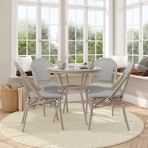 Flash Furniture Marseille Indoor/Outdoor Bistro Set - Tempered Glass Top Table with 4 Chairs - Black & White Textilene/Light Natural Frame