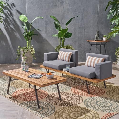 Kaimei Acacia Wood Outdoor Loveseat Set with Table - Patio Furniture - Natural Grey