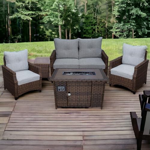 Courtyard Casual 5240 Costa Mesa 5-Piece Seating Set with Loveseat, Club Chairs, End Table & Gas Fire Pit Brown