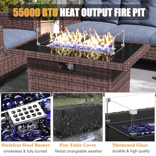 LayinSun 7-Piece Patio Furniture Set with Swivel Chairs and Fire Pit Table Brown/Navy Blue