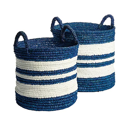MY SWANKY HOME Coastal Blue White Stripe Tall Hamper Tote Baskets Set of 2