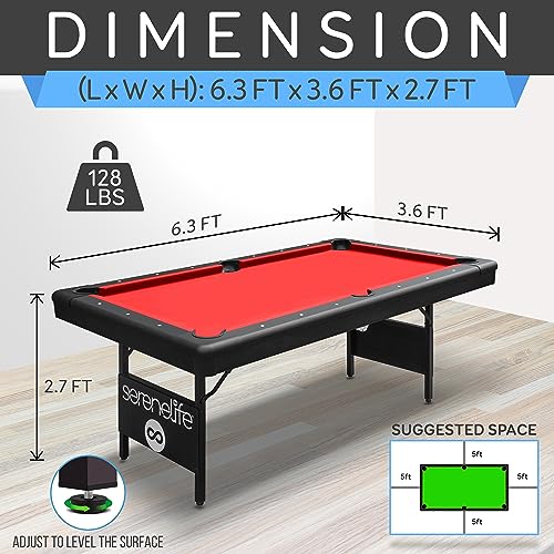 SereneLife 6-Ft Folding Pool Table - Portable Billiard Table - Includes 2X Cue Sticks, Full Set of Balls, Chalk, Brush - Foldable Pool Table for Kids and Adults (Red)