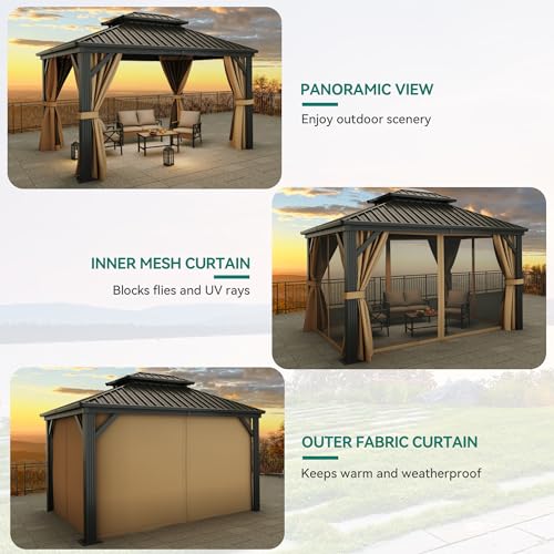 YITAHOME 10x12ft Hardtop Gazebo Double Roof Canopy with Netting and Curtains Brown