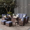 LayinSun 10-Piece Outdoor Patio Furniture Set with Fire Pit Table and Rattan Wicker Swivel Rocker Chairs Brown/Navy Blue